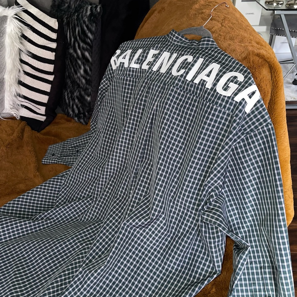 Balenciaga Green New Swing Pussy-Bow Oversized Checked Logo Shirt - Picture 10 of 13